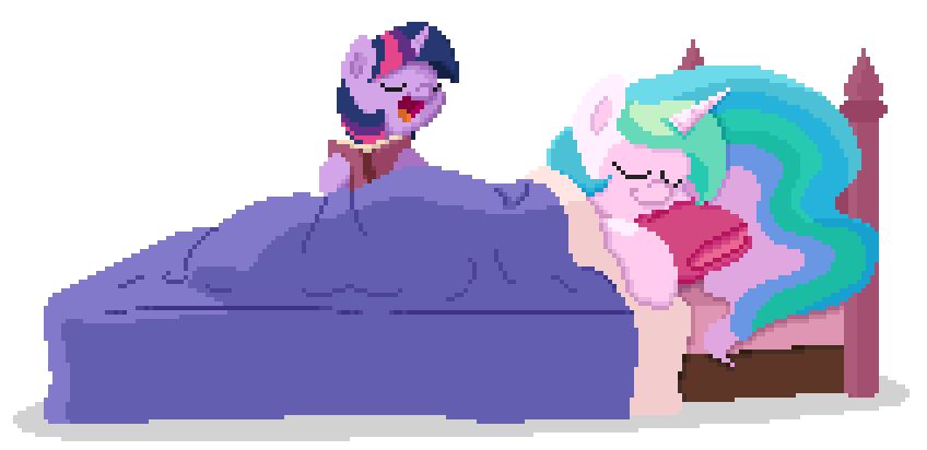 Size: 848x412 | Tagged: safe, artist:mrponiator, character:princess celestia, character:twilight sparkle, character:twilight sparkle (unicorn), species:alicorn, species:pony, species:unicorn, g4, animated, bed, bedtime story, book, breathing, cute, cutelestia, dawwww, eyes closed, female, heartwarming, hnnng, hoof hold, mare, momlestia, on side, pixel art, reading, role reversal, simple background, sleeping, smiling, sweet dreams fuel, talking, transparent background, twiabetes, weapons-grade cute