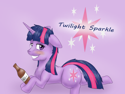 Size: 1600x1200 | Tagged: safe, artist:hot headed clover, character:twilight sparkle, character:twilight sparkle (unicorn), species:pony, species:unicorn, alcohol, blushing, drunk, drunk twilight, female, grin, smiling, solo