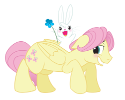Size: 2393x1909 | Tagged: safe, artist:wicklesmack, character:angel bunny, character:fluttershy, species:pegasus, species:pony, g4, angela bunny, blushing, butterscotch, floppy ears, flower, male, rule 63, simple background, stallion, transparent background
