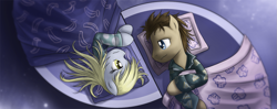 Size: 1267x500 | Tagged: safe, artist:saturnspace, character:derpy hooves, character:doctor whooves, character:time turner, species:earth pony, species:pegasus, species:pony, ship:doctorderpy, g4, banana, bed, clothing, female, looking at each other, male, mare, muffin, photoshop, pillow, revolutionary girl utena, shipping, shoujo kakumei utena, smiling, stallion, straight