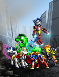 Size: 1000x1294 | Tagged: dead source, safe, artist:pluckyninja, character:big mcintosh, character:bulk biceps, character:fancypants, character:prince blueblood, character:shining armor, character:spitfire, species:earth pony, species:pony, avengers, male, parody, stallion