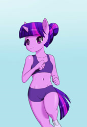 Size: 1400x2050 | Tagged: safe, artist:skecchiart, character:twilight sparkle, species:anthro, alternate hairstyle, ambiguous facial structure, belly button, clothing, female, hair bun, jogging, midriff, shorts, solo, sports bra, workout outfit