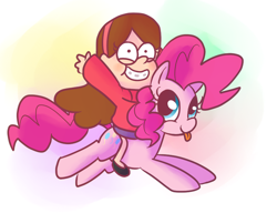 Size: 500x384 | Tagged: safe, artist:elslowmo, character:pinkie pie, crossover, gravity falls, humans riding ponies, mabel pines, riding