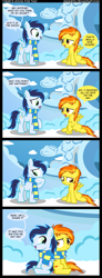 Size: 959x2608 | Tagged: dead source, safe, artist:veggie55, character:soarin', character:spitfire, species:pegasus, species:pony, ship:soarinfire, clothing, comic, cute, cutefire, dawwww, feels, female, heartwarming, hnnng, male, scarf, shared clothing, shared scarf, shipping, soarinbetes, straight, weapons-grade cute, younger