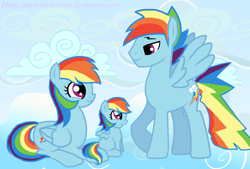 Size: 1954x1320 | Tagged: dead source, safe, artist:jaquelindreamz, character:rainbow dash, oc, oc:aurora spectralis, parent:rainbow dash, parents:selfcest, species:pegasus, species:pony, g4, cloud, dashblitz, daughter, family, father, female, filly, incest, male, mare, mother, offspring, parents:dashblitz, ponidox, product of incest, rainbow blitz, rainbow's lament, rule 63, self ponidox, selfcest, shipping, stallion, straight, used with a base