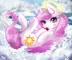 Size: 2671x2245 | Tagged: safe, artist:wilvarin-liadon, character:princess celestia, blep, blushing, cewestia, cloud, cloudy, cute, female, filly, halo, on back, pink-mane celestia, solo, tongue out, underhoof, younger
