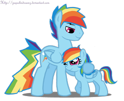 Size: 1601x1299 | Tagged: safe, artist:jaquelindreamz, character:rainbow dash, oc, oc:aurora spectralis, parent:rainbow dash, parents:selfcest, species:pegasus, species:pony, g4, father and daughter, female, filly, male, offspring, parents:dashblitz, rainbow blitz, rule 63, selfcest, stallion