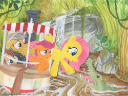 Size: 1123x850 | Tagged: safe, artist:foxxy-arts, character:daring do, character:doctor whooves, character:fluttershy, character:scootaloo, character:time turner, species:pegasus, species:pony, crocodile, disney, disneyland, jungle cruise
