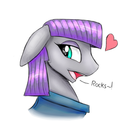 Size: 1200x1200 | Tagged: safe, artist:hot headed clover, character:maud pie, species:earth pony, species:pony, cute, dialogue, female, floppy ears, heart, looking at you, mare, open mouth, portrait, profile, rock, simple background, smiling, solo, transparent background, when she smiles