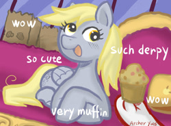 Size: 1282x944 | Tagged: safe, artist:archeryves, character:derpy hooves, species:pegasus, species:pony, blushing, cute, derpabetes, doge, female, happy, hoof hold, mare, meme, muffin, open mouth, parody, pixiv, ponified animal photo, ponified meme, prone, shiba inu, smiling, solo, underhoof