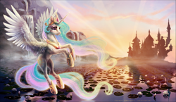Size: 1024x593 | Tagged: safe, artist:cosmicunicorn, character:princess celestia, canterlot, crepuscular rays, female, flying, lake, lily pad, scenery, smiling, solo, spread wings, sunrise, water, waterfall, wings