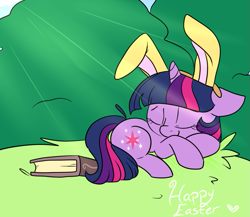 Size: 985x855 | Tagged: safe, artist:lustrous-dreams, character:twilight sparkle, species:pony, species:unicorn, ask filly twilight, book, bunny ears, eyes closed, female, filly, filly twilight sparkle, prone, sleeping, solo
