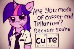 Size: 2046x1352 | Tagged: safe, artist:canvymamamoo, character:twilight sparkle, species:pony, species:unicorn, adorkable, chemistry, chemistry joke, chest fluff, clothing, copper, copper and tellurium, cuprum, cute, dork, female, flirting, mare, necktie, nerd, periodic table, pickup lines, pun, science, semi-anthro, shirt, solo, tellurium, traditional art