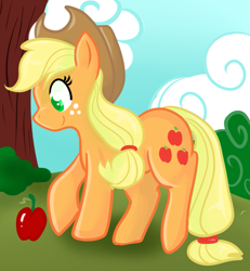 Size: 665x720 | Tagged: safe, artist:lustrous-dreams, character:applejack, apple, female, obligatory apple, solo