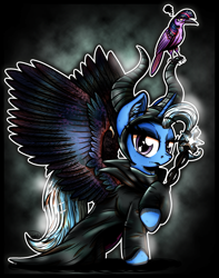 Size: 1865x2368 | Tagged: safe, artist:gray--day, character:trixie, character:twilight sparkle, species:alicorn, species:bird, species:crow, species:pony, birdified, clothing, diablo, frown, glare, horns, lidded eyes, looking at you, maleficent, parody, race swap, raised hoof, robe, species swap, spread wings, staff, twilight is not amused, unamused, wings