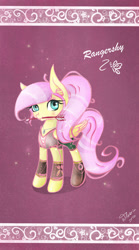 Size: 665x1200 | Tagged: safe, artist:wilvarin-liadon, character:flutterbat, character:fluttershy, species:bat pony, alternate hairstyle, arrow, badass, badass adorable, clothing, cute, fantasy class, female, flutterbadass, hoof boots, hoof shoes, looking at you, necklace, race swap, ranger, shyabates, shyabetes, solo