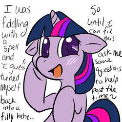 Size: 500x500 | Tagged: safe, artist:lustrous-dreams, character:twilight sparkle, ask filly twilight, ask, female, filly, solo, tumblr, younger
