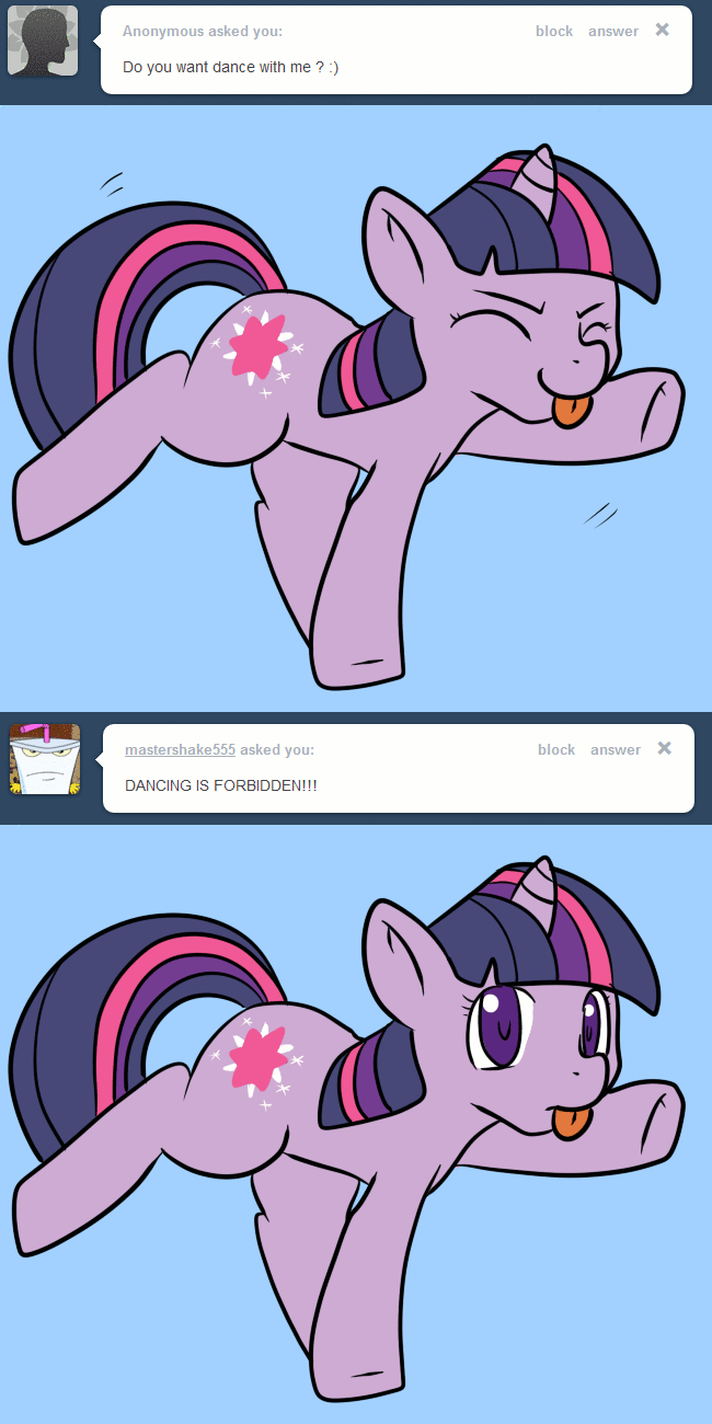 Size: 650x1300 | Tagged: safe, artist:lustrous-dreams, character:twilight sparkle, ask filly twilight, adorkable, animated, ask, blep, blue background, comic, cute, dancing, do the sparkle, dork, eyes closed, female, filly, frown, looking at you, master shake, raised hoof, raised leg, simple background, smiling, solo, tongue out, tumblr, twiabetes, underhoof, younger
