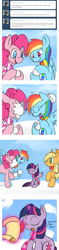 Size: 700x2968 | Tagged: safe, artist:lustrous-dreams, character:applejack, character:pinkie pie, character:rainbow dash, character:twilight sparkle, ask filly twilight, ask, clothing, comic, filly, magic, scarf, snow, snowball, snowball fight, snowfall, tumblr, younger