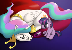 Size: 1600x1103 | Tagged: safe, artist:skecchiart, character:princess celestia, character:twilight sparkle, character:twilight sparkle (unicorn), species:alicorn, species:pony, species:unicorn, :o, blank flank, crown, cute, cutelestia, duo, eyes closed, face doodle, featured on derpibooru, female, filly, filly twilight sparkle, funny, funny as hell, glowing horn, hoof shoes, jewelry, levitation, magic, majestic as fuck, mare, marker, missing cutie mark, momlestia, prone, regalia, silly, silly pony, sleeping, smiling, sweet dreams fuel, telekinesis, this will end in laughs, this will end in tears and/or a journey to the moon, twiabetes, younger