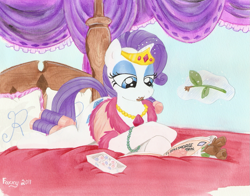 Size: 1067x836 | Tagged: safe, artist:foxxy-arts, character:rarity, bathrobe, bed, chocolate, clothing, dress, female, hair curlers, necklace, reading, robe, solo, tiara