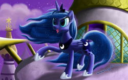 Size: 2000x1250 | Tagged: safe, artist:deathpwny, character:princess luna, species:alicorn, species:pony, balcony, female, mare, open mouth, raised hoof, solo, windswept mane