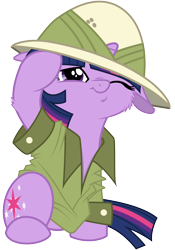 Size: 5600x8000 | Tagged: safe, artist:bri-sta, artist:yanoda, character:daring do, character:twilight sparkle, species:pony, species:unicorn, g4, absurd resolution, cheek fluff, clothing, cute, female, filly, floppy ears, fluffy, foal, hat, one eye closed, pith helmet, simple background, sitting, solo, transparent background, twiabetes, younger