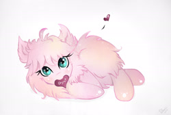 Size: 1925x1291 | Tagged: safe, artist:wilvarin-liadon, oc, oc only, oc:fluffle puff, ship:chrysipuff, bedroom eyes, blushing, canon x oc, cute, female, heart, implied queen chrysalis, lesbian, looking at you, mouth hold, nom, on side, shipping, simple background, smiling, solo