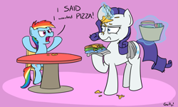 Size: 1645x989 | Tagged: safe, artist:rapidstrike, character:rainbow dash, character:rarity, age regression, filly, macaroni and cheese, picky eater