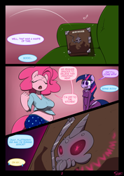 Size: 849x1200 | Tagged: safe, artist:slypon, character:pinkie pie, character:twilight sparkle, species:anthro, comic:night mares, comic:night mares (series), belly button, breasts, chubby, comic, explicit series, midriff