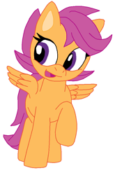 Size: 596x902 | Tagged: dead source, safe, artist:fuzon-s, artist:mlpmariosonicfan, character:scootaloo, species:pegasus, species:pony, colored, female, happy, ms paint, open mouth, raised hoof, solo, spread wings, wings