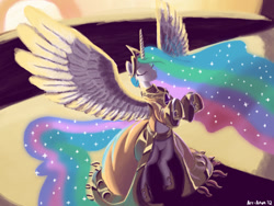 Size: 900x675 | Tagged: safe, artist:aa, character:princess celestia, species:alicorn, species:pony, g4, clothing, dress, eyes closed, female, mare, rearing, solo, spread wings, sun work, wings