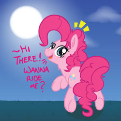 Size: 894x894 | Tagged: safe, artist:elslowmo, artist:surgicalarts, character:pinkie pie, bronybait, cute, diapinkes, female, humans riding ponies, looking at you, looking back, looking back at you, neck fluff, plot, solo, underhoof