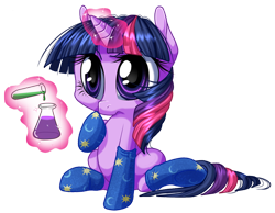Size: 750x581 | Tagged: safe, artist:kittehkatbar, character:twilight sparkle, species:pony, species:unicorn, clothing, cute, female, filly, flask, glowing horn, horn, magic, science, simple background, socks, solo, telekinesis, test tube, transparent background, twiabetes