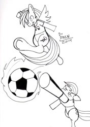 Size: 567x800 | Tagged: safe, artist:drpain, character:applejack, character:rainbow dash, football, monochrome, sports, world cup