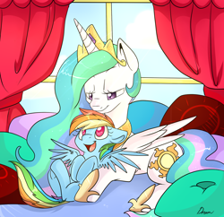 Size: 1500x1450 | Tagged: safe, artist:lustrous-dreams, character:princess celestia, character:rainbow dash, species:alicorn, species:pegasus, species:pony, g4, commission, cute, dashabetes, duo, female, filly, foal, lidded eyes, lying down, mare, momlestia, prone, signature