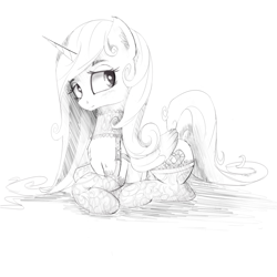 Size: 1920x1920 | Tagged: safe, artist:qweeli, character:princess cadance, species:alicorn, species:pony, clothing, female, grayscale, lingerie, lying down, mare, monochrome, socks, solo, stockings, thigh highs