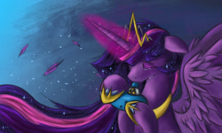 Size: 1805x1082 | Tagged: safe, artist:ardail, character:twilight sparkle, character:twilight sparkle (alicorn), species:alicorn, species:pony, crossover, crying, feather, female, floppy ears, immortality blues, magic, mare, musical instrument, new crown, ocarina, playing, solo, the legend of zelda, the legend of zelda: ocarina of time