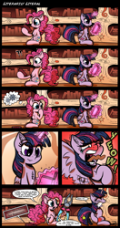 Size: 2000x3800 | Tagged: safe, artist:gray--day, character:pinkie pie, character:twilight sparkle, character:twilight sparkle (alicorn), species:alicorn, species:earth pony, species:pony, abuse, book, chest fluff, comic, duo, duo female, ear fluff, female, glowing horn, literal, literal butthurt, literal minded, magic, mare, open mouth, ouch, pain, pain star, pliers, plot twist, pun, reading, smiling, telekinesis, tongue out, twilybuse