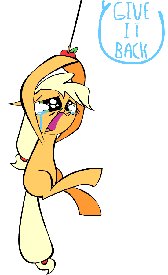 Size: 550x900 | Tagged: safe, artist:mushroomcookiebear, character:applejack, species:earth pony, species:pony, animated, apple, appul, blank flank, crying, female, floppy ears, hanging, hoof hold, open mouth, sad, silly, silly pony, simple background, solo, string, that pony sure does love apples, who's a silly pony