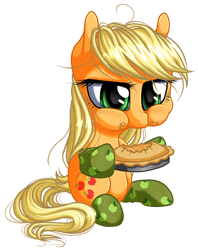 Size: 506x638 | Tagged: safe, artist:kittehkatbar, character:applejack, clothing, eating, female, loose hair, pie, simple background, sitting, socks, solo, transparent background
