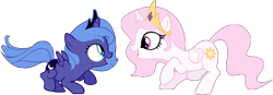 Size: 4282x1491 | Tagged: dead source, safe, artist:pluckyninja, character:princess celestia, character:princess luna, species:alicorn, species:pony, g4, cewestia, cute, eye contact, female, filly, foal, looking at each other, pink-mane celestia, simple background, sunshine sunshine, transparent background, vector, woona
