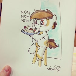 Size: 640x640 | Tagged: safe, artist:katiecandraw, character:pipsqueak, male, nom, pipsqueak eating spaghetti, solo, spaghetti, traditional art
