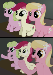 Size: 1014x1450 | Tagged: safe, artist:why485, character:daisy, character:lily, character:lily valley, character:roseluck, 4koma, ask the flower trio, comic, exploitable meme, flower trio, reaction guys, reaction ponies