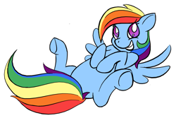 Size: 963x643 | Tagged: safe, artist:moongazeponies, character:rainbow dash, belly, bellyrubs, cute, dashabetes, female, grin, legs in air, looking at you, on back, smiling, solo, spread legs, spread wings, squee, underhoof, wings