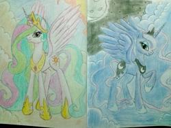 Size: 2592x1944 | Tagged: safe, artist:theroyalprincesses, character:princess celestia, character:princess luna, raised hoof, smiling, spread wings, traditional art, wings
