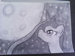 Size: 1024x768 | Tagged: safe, artist:mane-shaker, character:princess luna, charcoal drawing, female, monochrome, moon, night, solo, traditional art