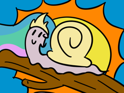 Size: 800x600 | Tagged: safe, artist:tggeko, character:princess celestia, ambiguous gender, c:, original species, smiling, snail, snail pony, solo, species swap, sun