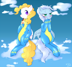 Size: 700x649 | Tagged: safe, artist:divided-s, character:fleetfoot, character:surprise, cloud, cloudy, drinking, pixiv, wonderbolts uniform