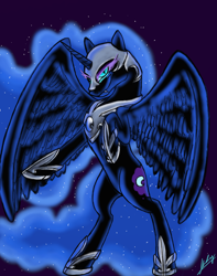 Size: 1024x1300 | Tagged: safe, artist:xxmarkingxx, character:nightmare moon, character:princess luna, species:alicorn, species:pony, bipedal, fangs, female, solo, spread wings, wings